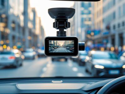 Car dashboard featuring a dash cam and GPS tracker with a busy street visible through the windshield.