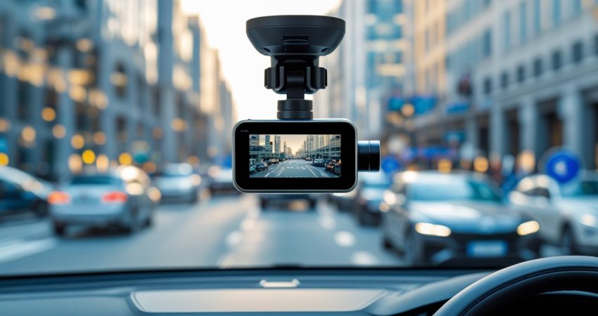 Car dashboard featuring a dash cam and GPS tracker with a busy street visible through the windshield.