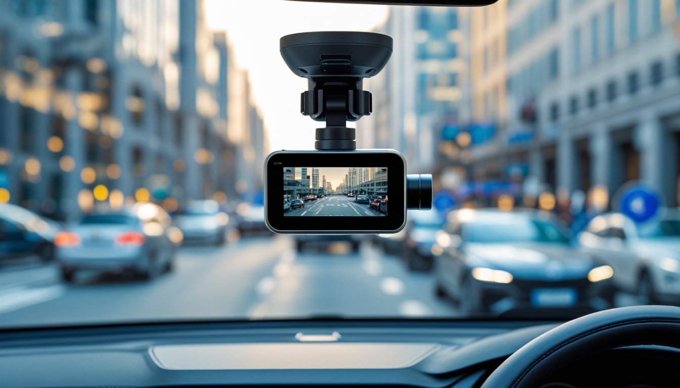 Car dashboard featuring a dash cam and GPS tracker with a busy street visible through the windshield.