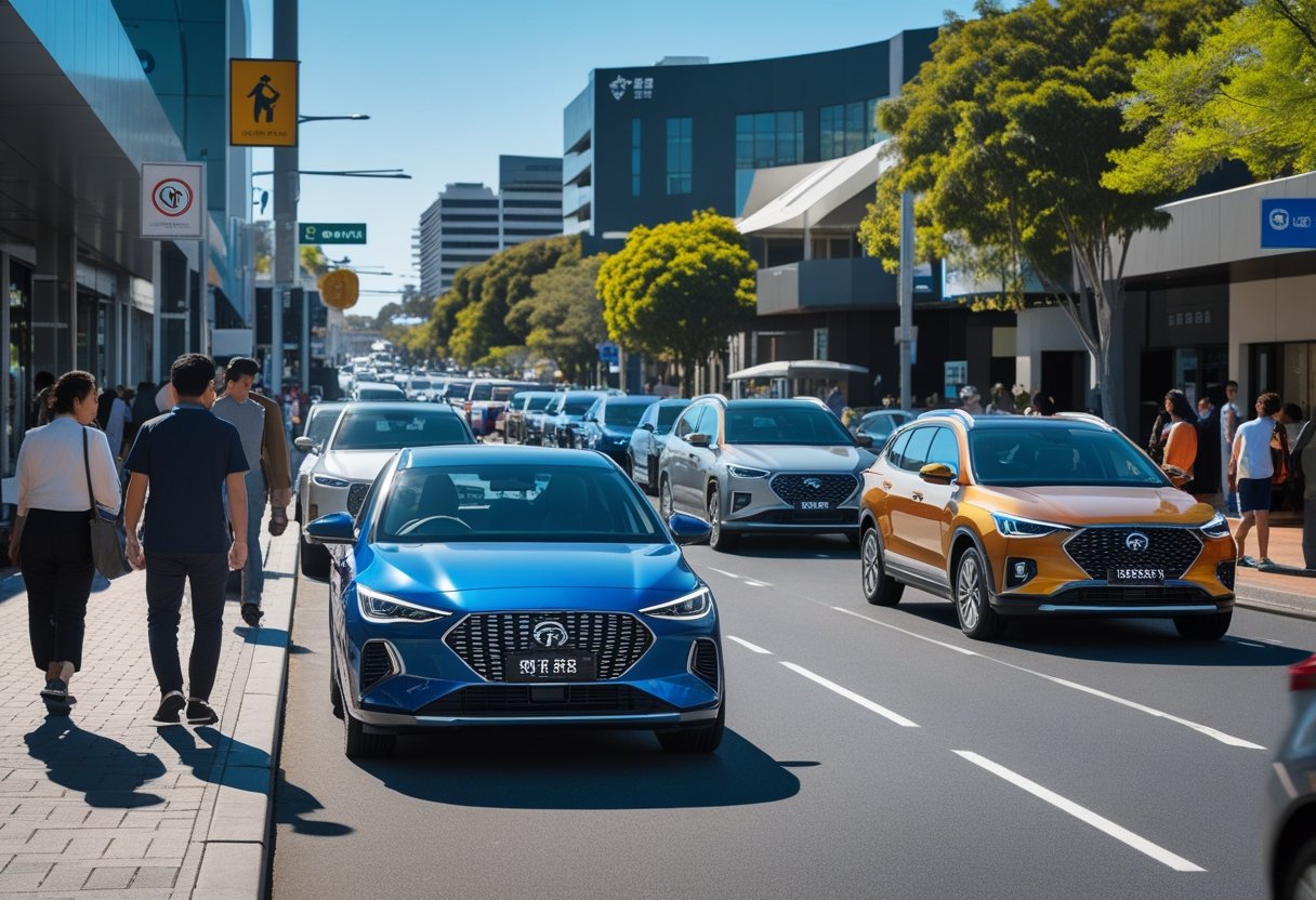 A busy Australian city street with modern Chinese cars driving among other vehicles and people walking on the sidewalks.