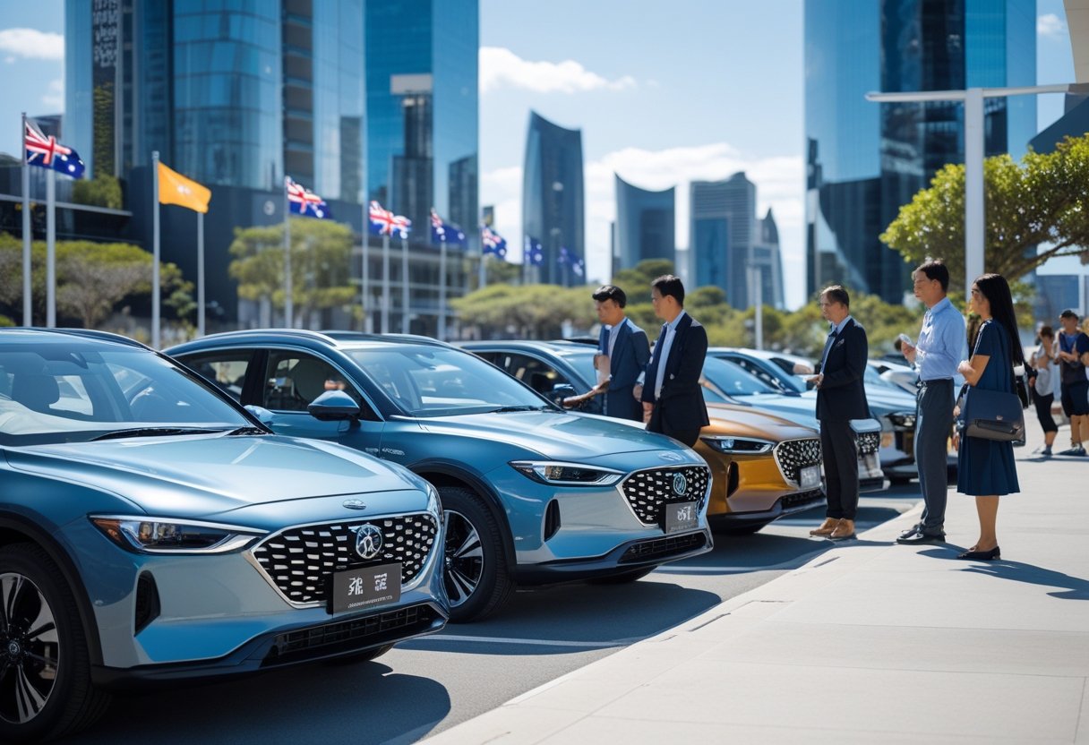 Several modern Chinese cars parked on a city street in Australia with people examining and interacting with them.