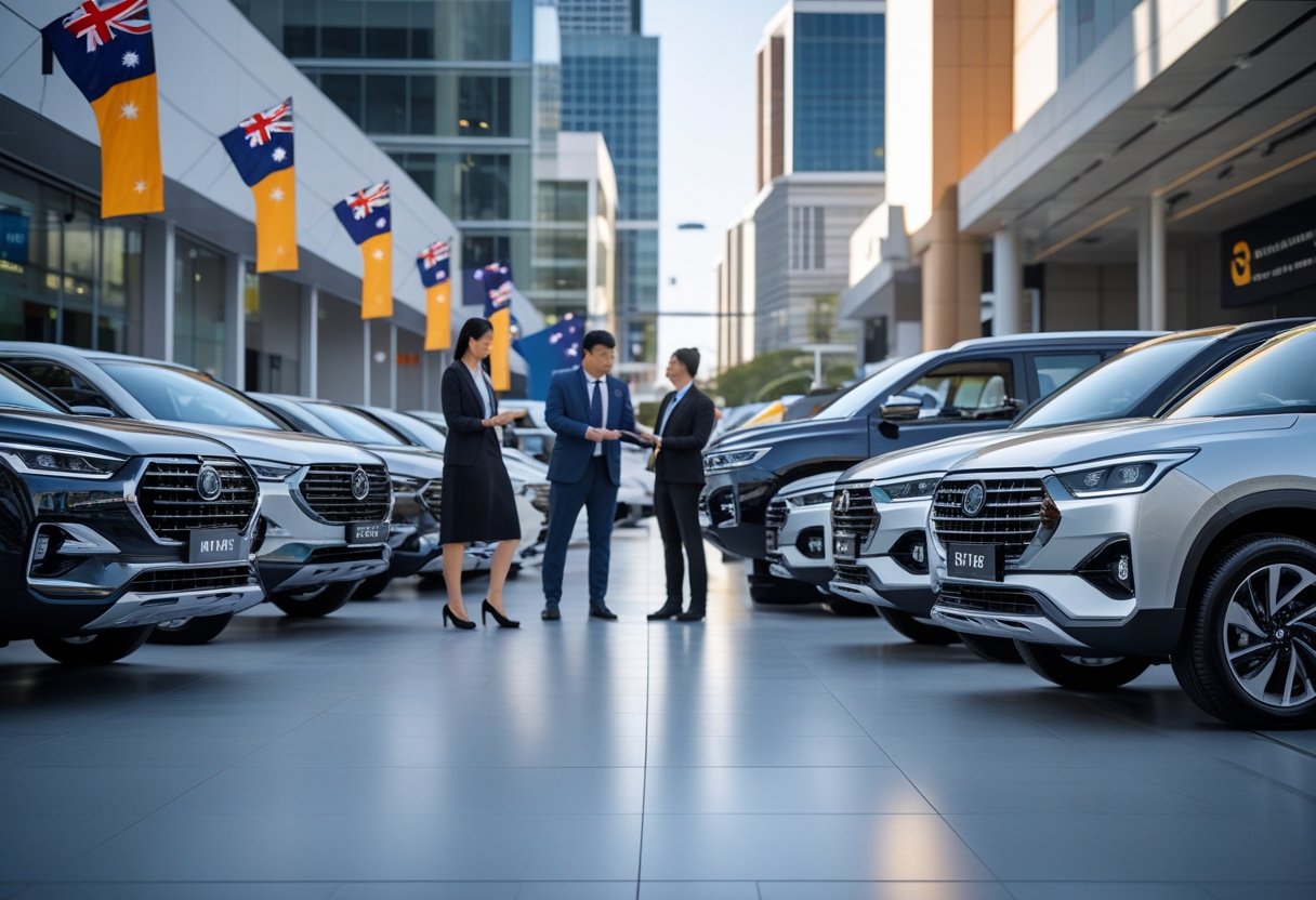 A city street in Australia with several Chinese-made cars displayed and people looking at them.