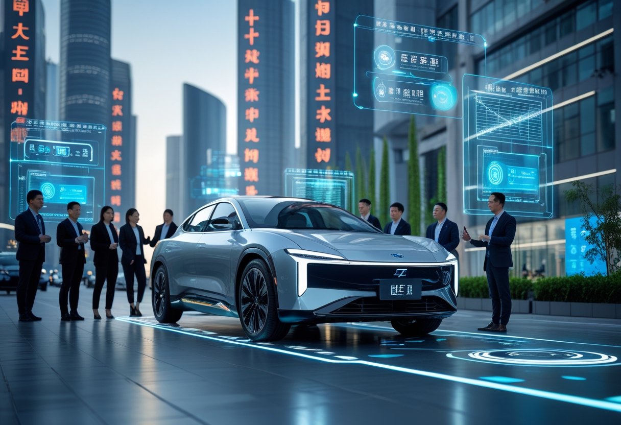 A futuristic electric car on a busy modern Chinese city street surrounded by digital technology displays and professionals.