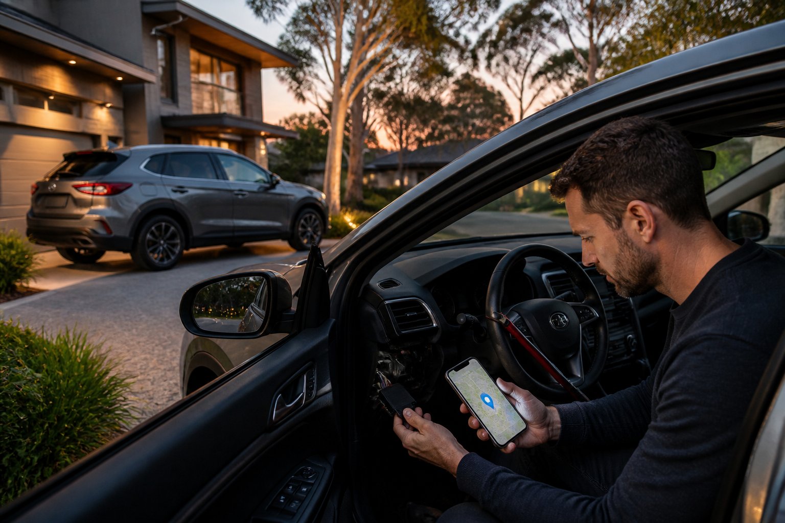 A car owner checks a GPS tracking device inside a parked car while security features and a smartphone map are visible nearby.