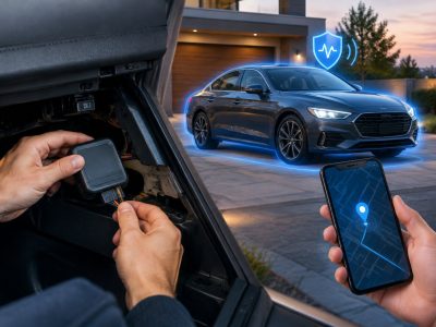 A person installs a compact tracking device beneath a car dashboard while another person holds a smartphone showing a location map.