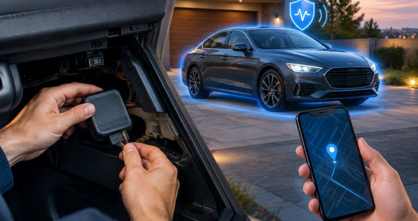 A person installs a compact tracking device beneath a car dashboard while another person holds a smartphone showing a location map.