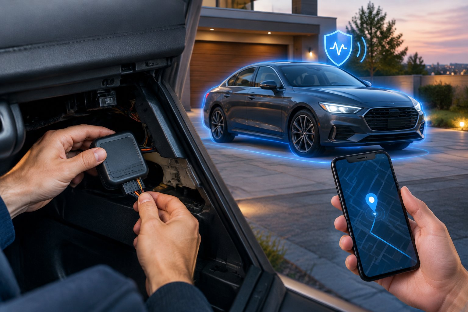 A person installs a compact tracking device beneath a car dashboard while another person holds a smartphone showing a location map.